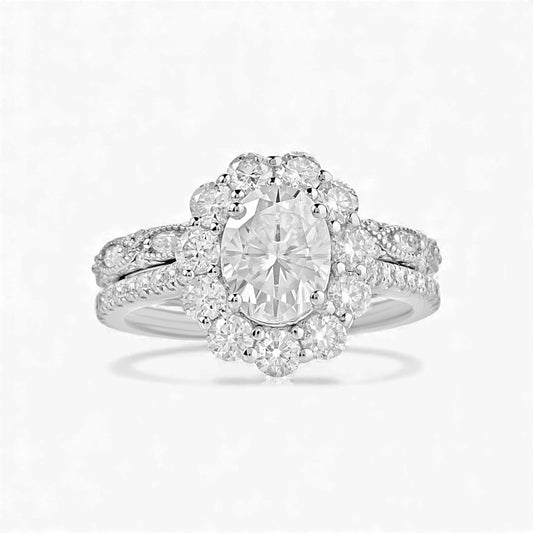 BOZ Lavie Oval Cut Moissanite bridal set in 925 sterling silver with oval center stone and pavé wedding band.