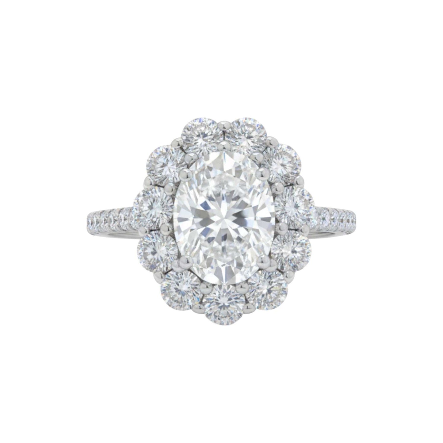 BOZ Lavie Oval Cut Moissanite engagement ring in 925 sterling silver with halo floral design