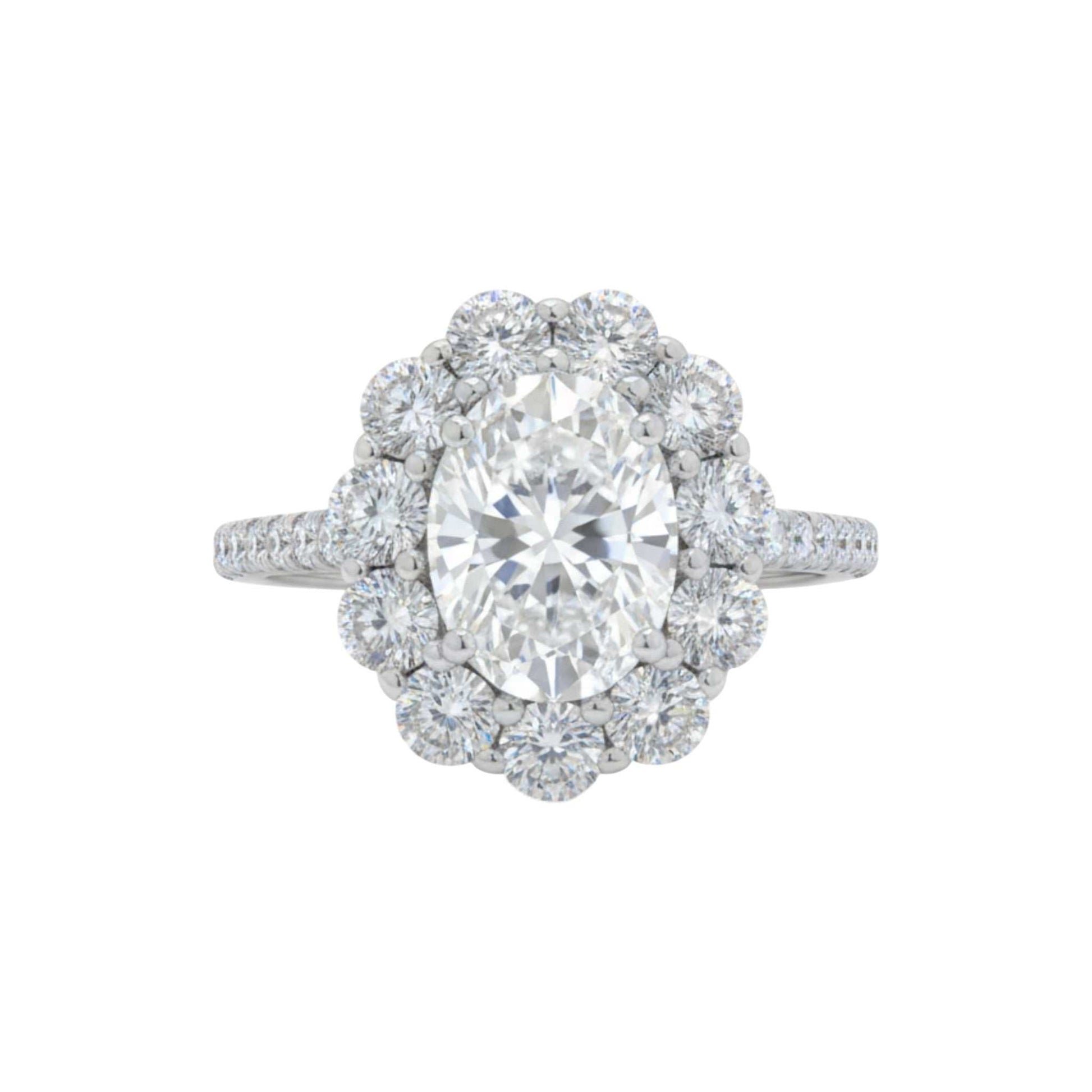 BOZ Lavie Oval Cut Moissanite engagement ring in 925 sterling silver with halo floral design