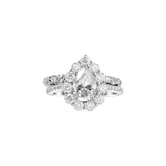 Diamond ring with a pear-shaped center stone on a white background