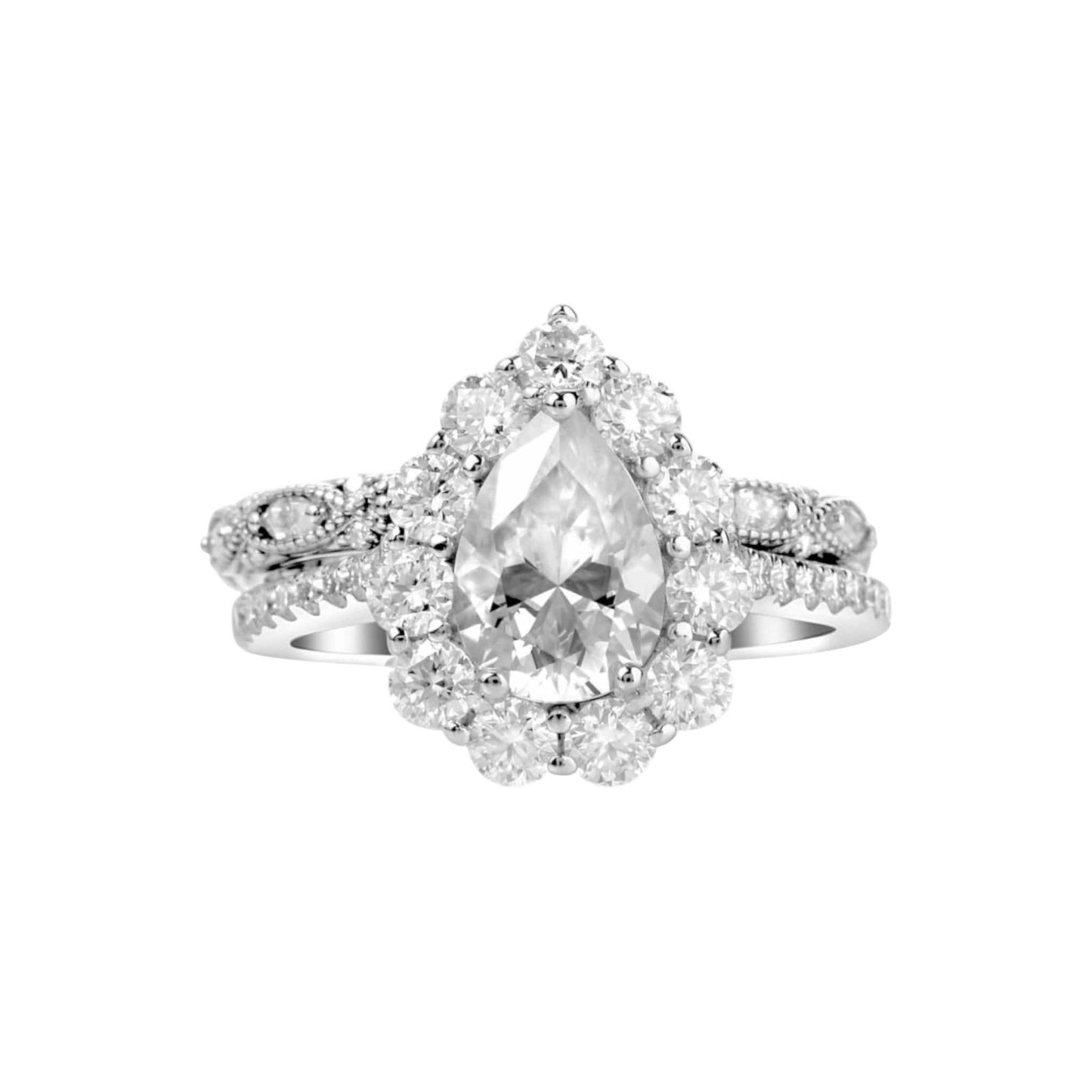 BOZ Lavie Pear Cut Moissanite bride set in 925 sterling silver with pear-shaped center stone and halo of moissanite gems