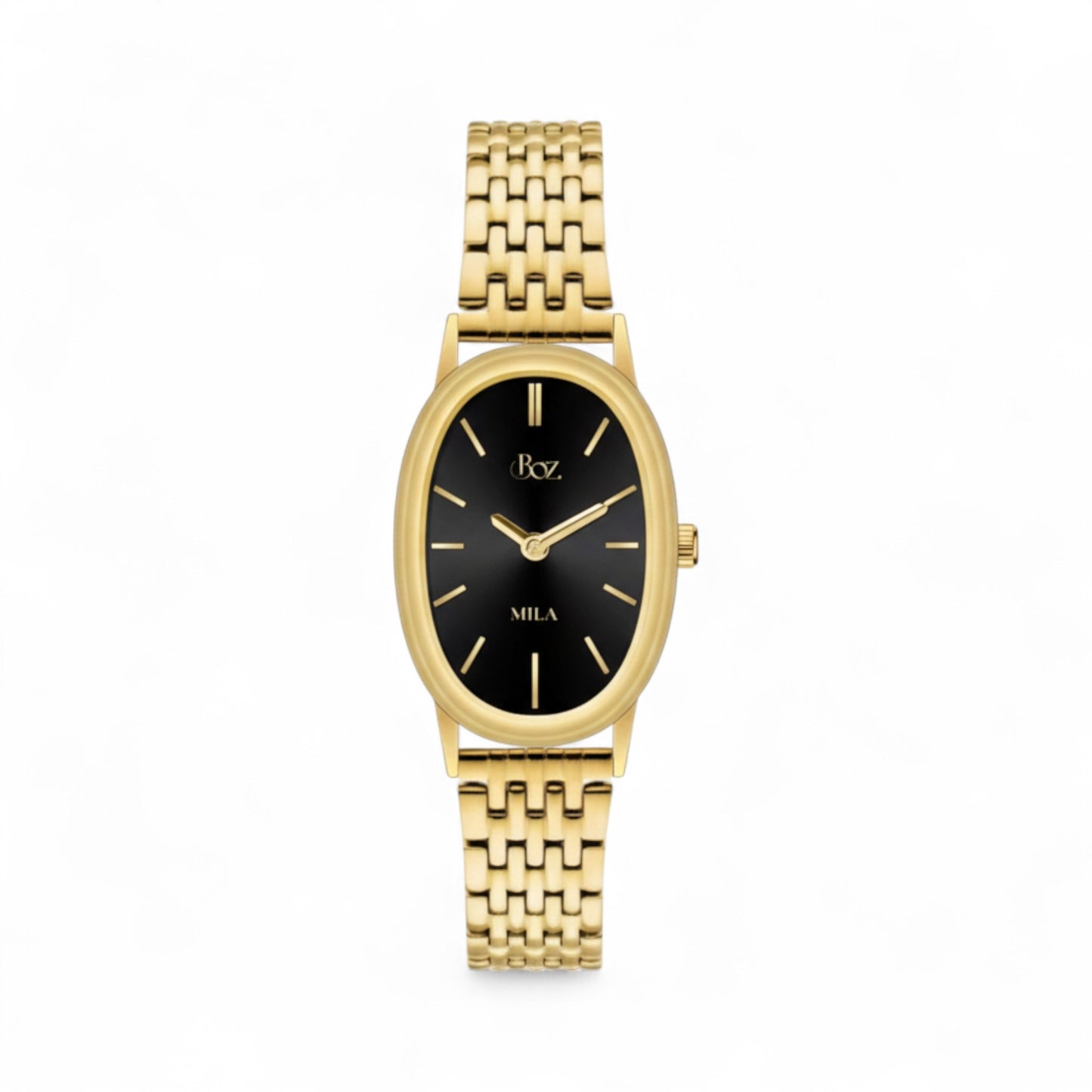 Gold watch with black face on a white background