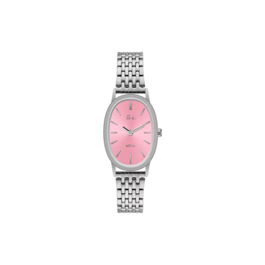 Wristwatch with pink face and silver metal strap on white background