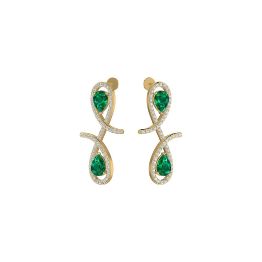 Pair of gold earrings with green gemstones on a white background