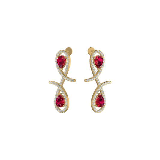 Pair of gold earrings with red gemstones on a white background