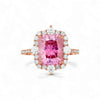 Ring with a pink gemstone and rose gold accents on a white background