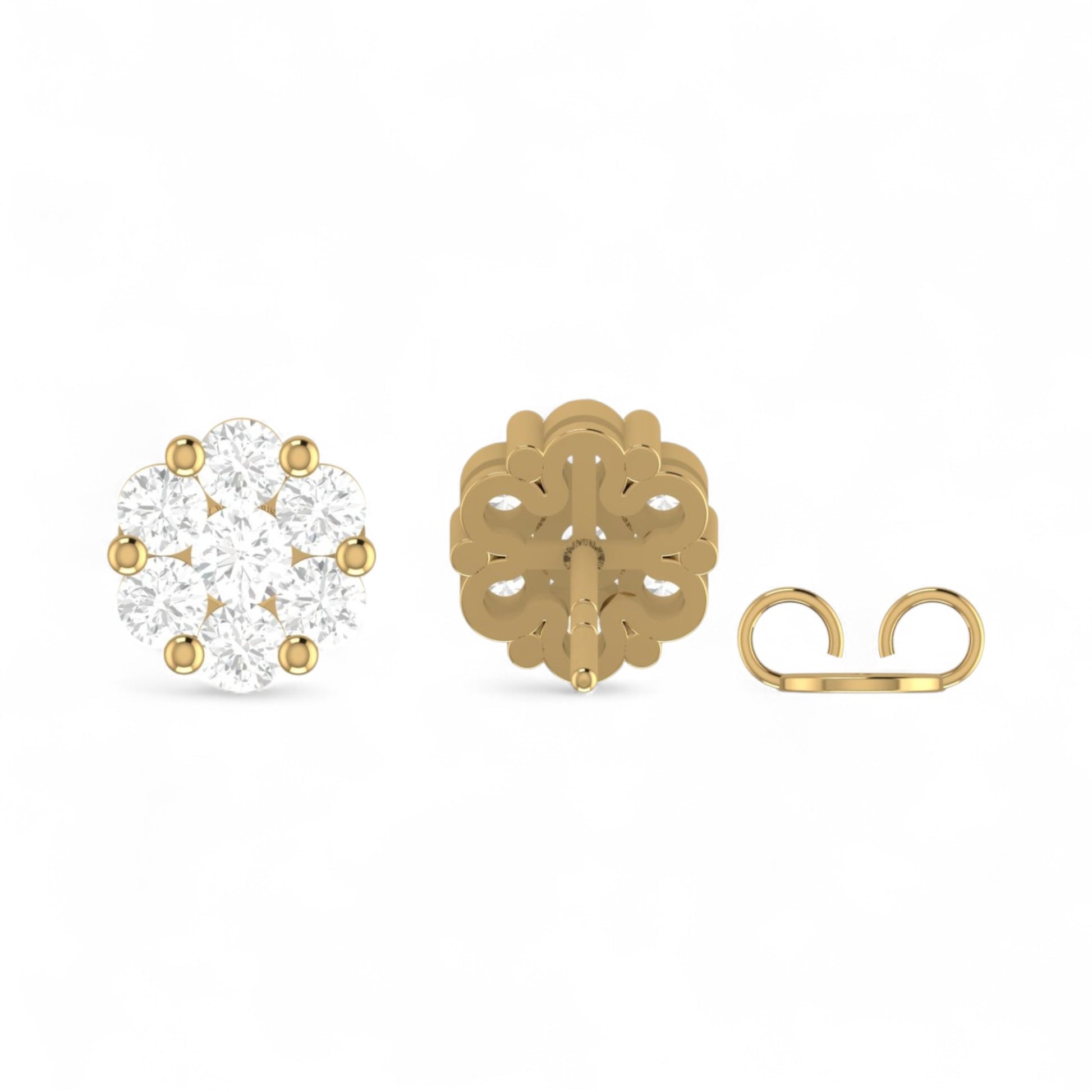 Gold earring with clear gemstone on a white background