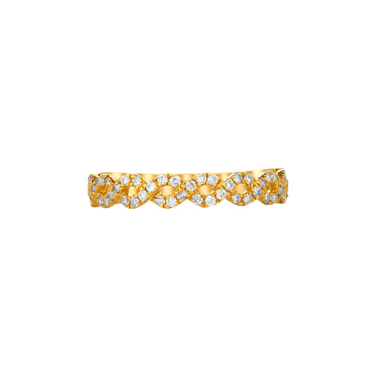 Gold ring with diamond accents on a white background
