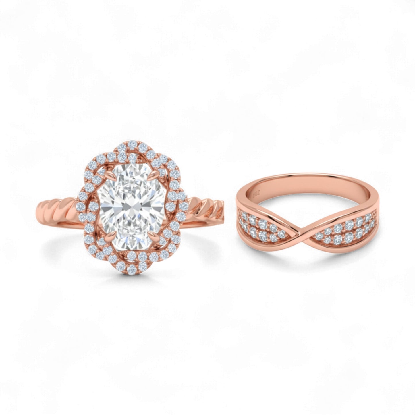 Rose gold ring with a large diamond and another ring with a twisted design on a white background