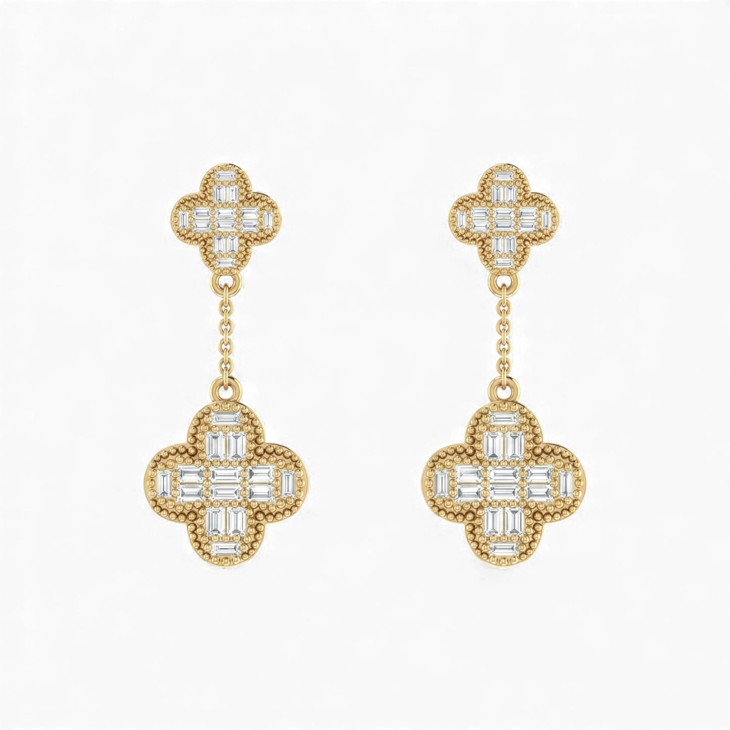 Baguette Clover Drop Diamond  Earrings 18KT Gold