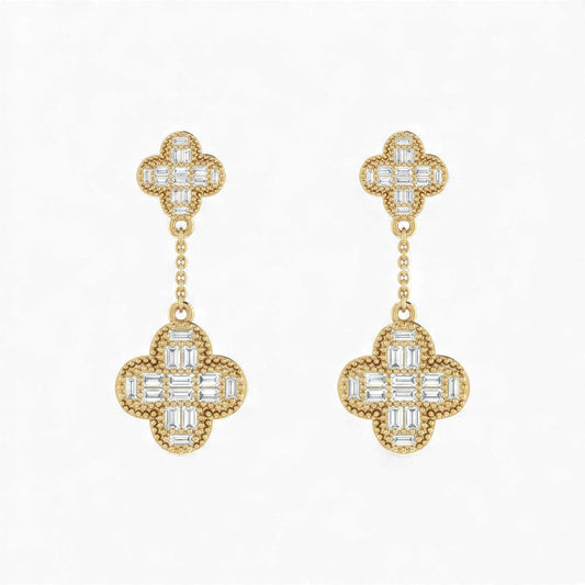 18KT gold Baguette Clover Drop Diamond Earrings with baguette-cut natural diamonds totaling 0.58ct