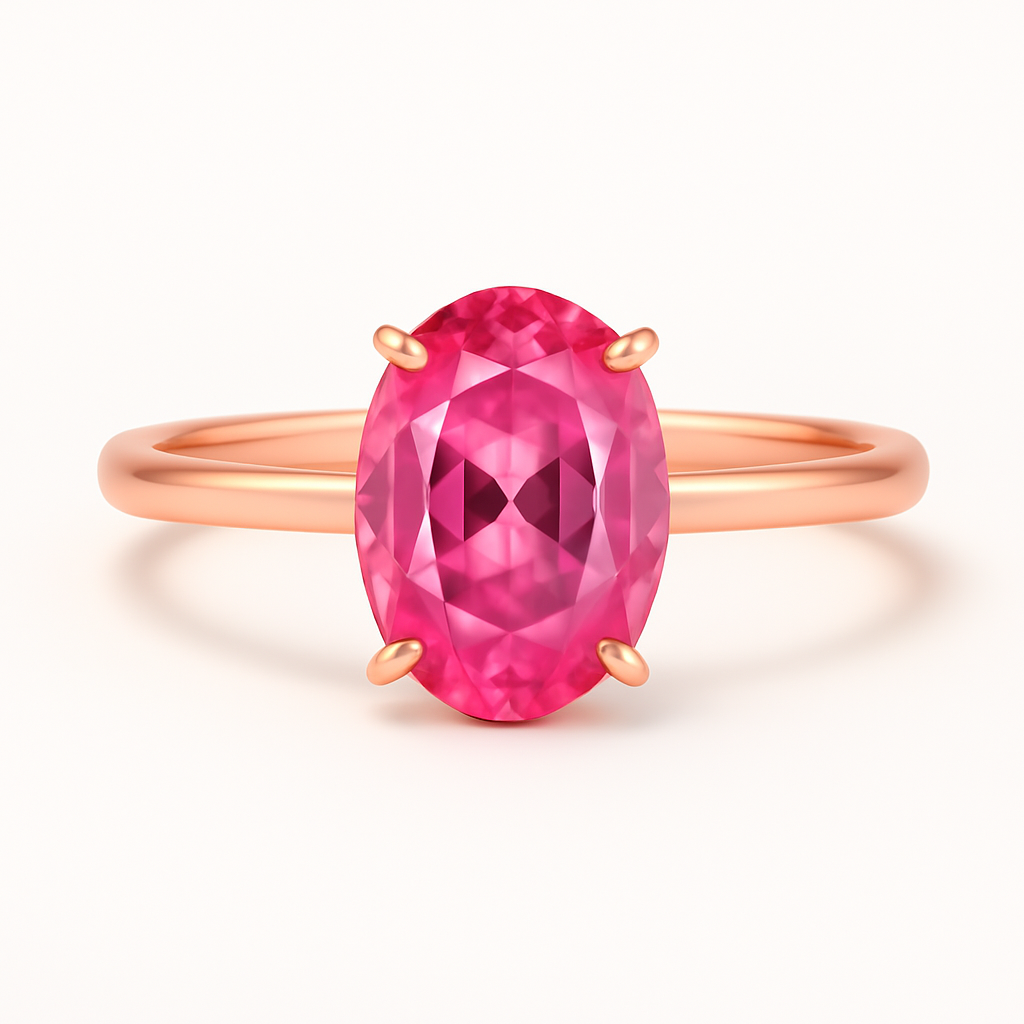 Rose gold ring with a pink gemstone on a white background