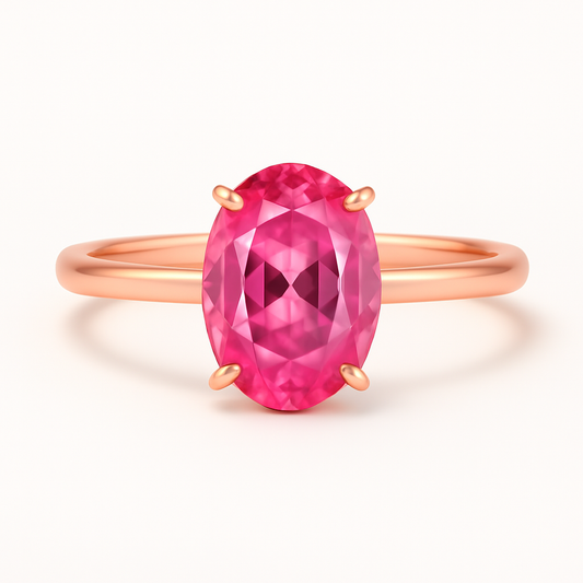 Rose gold ring with a pink gemstone on a white background