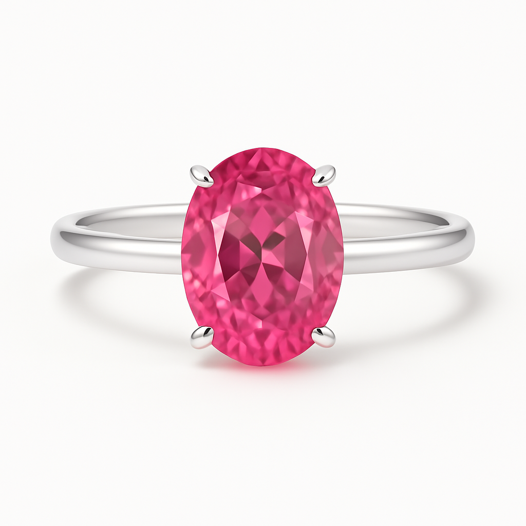 Silver ring with a pink gemstone on a white background