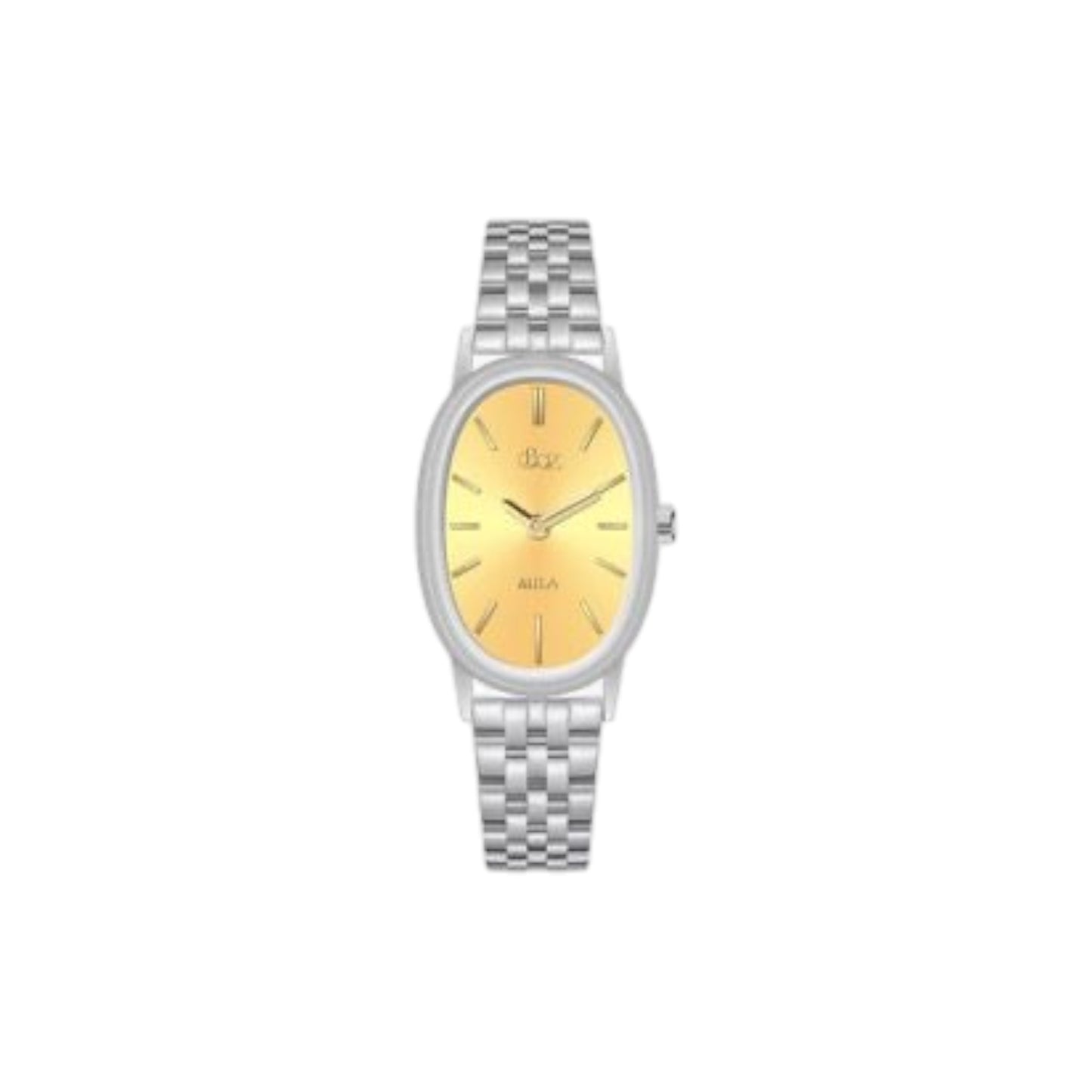 Wristwatch with silver bracelet and gold dial on a white background