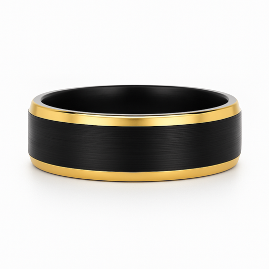 Black ring with gold band on a white background