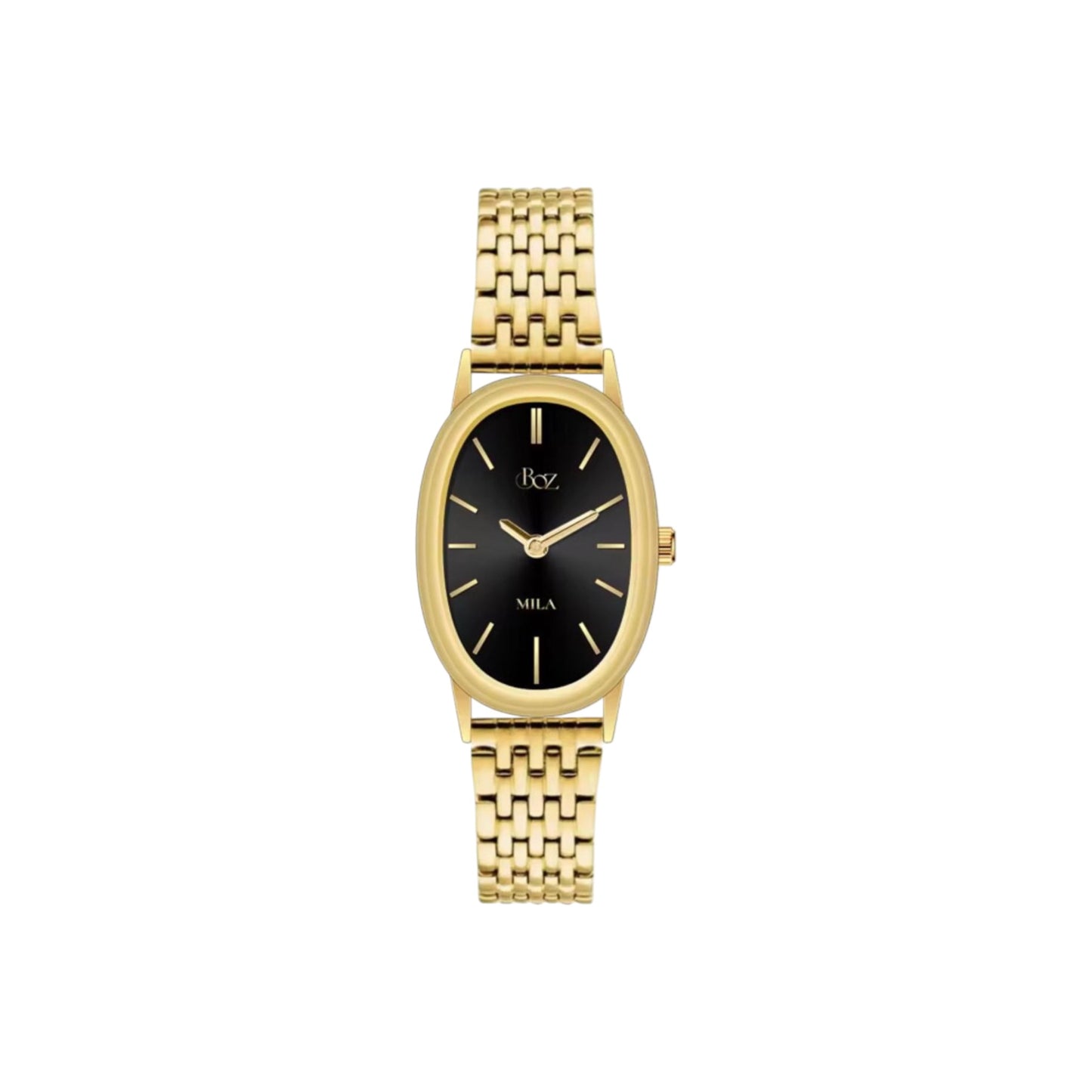 Gold watch with black face on a white background