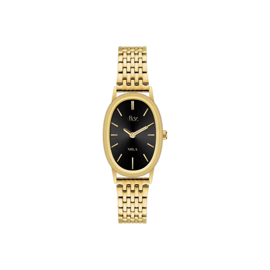 Gold watch with black face on a white background
