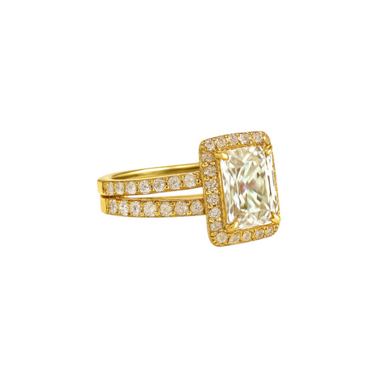 Zia Radiant Cut Moissanite and Natural Diamonds Bride Set in 18K Gold
