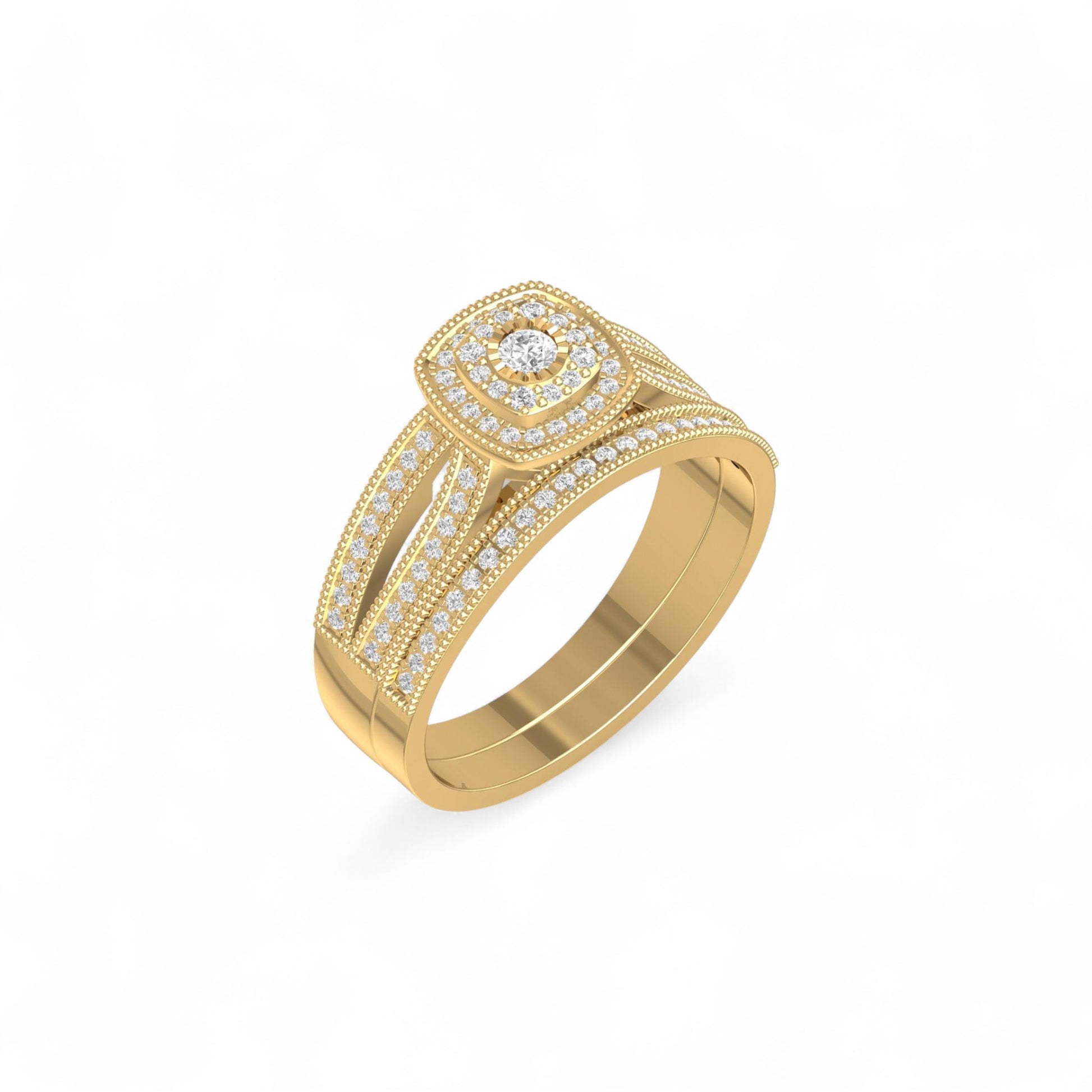 Gold ring with diamond accents on a white background