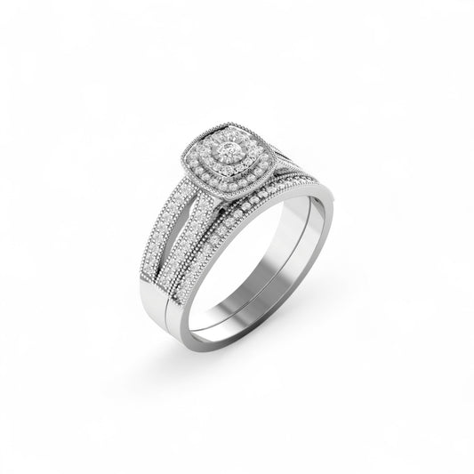 Silver ring with diamond accents on a white background