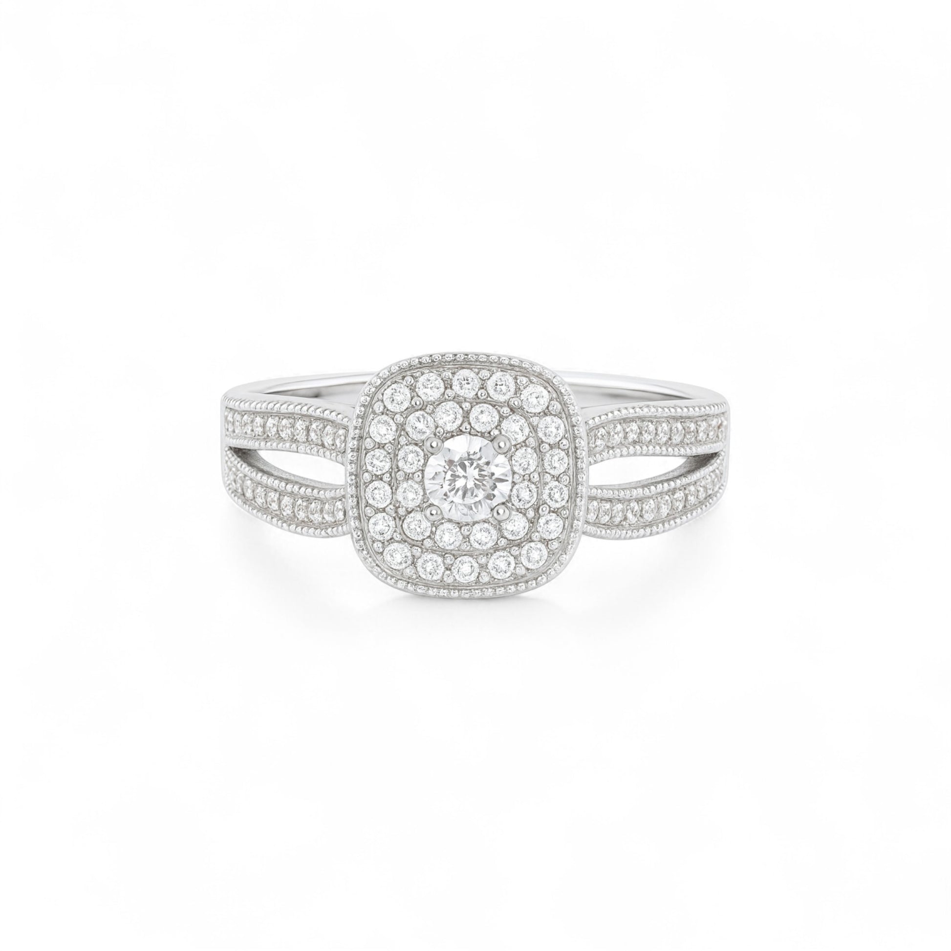 Silver ring with a central diamond and smaller diamonds on a white background