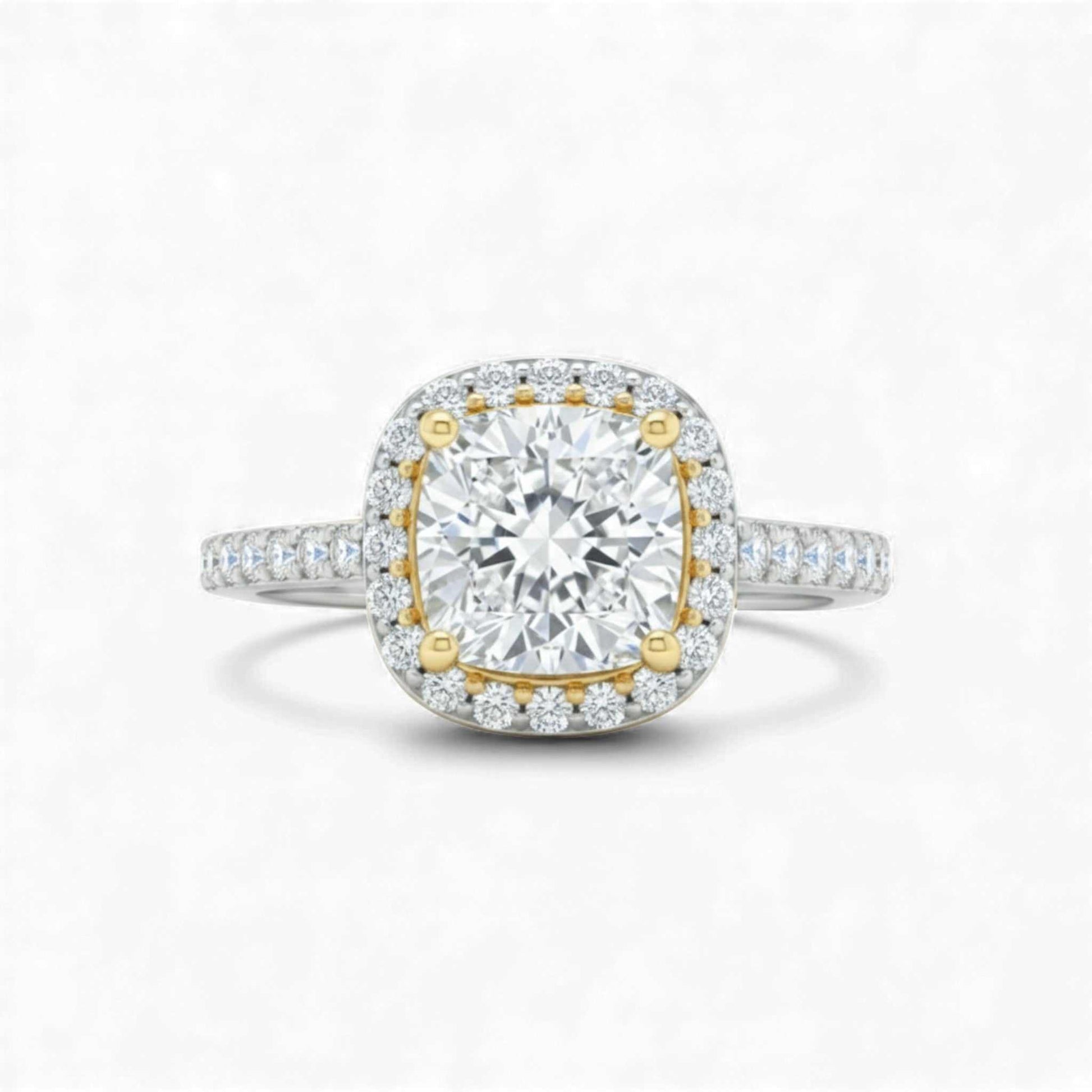 Classic cushion cut two tone moissanite engagement ring in 925 sterling silver with halo and gold accents
