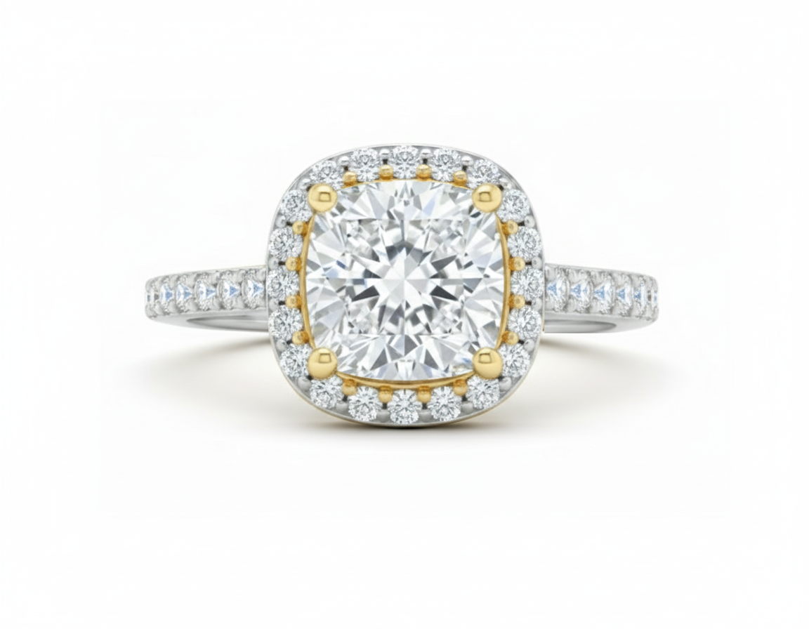 Diamond ring with gold and silver accents on a white background