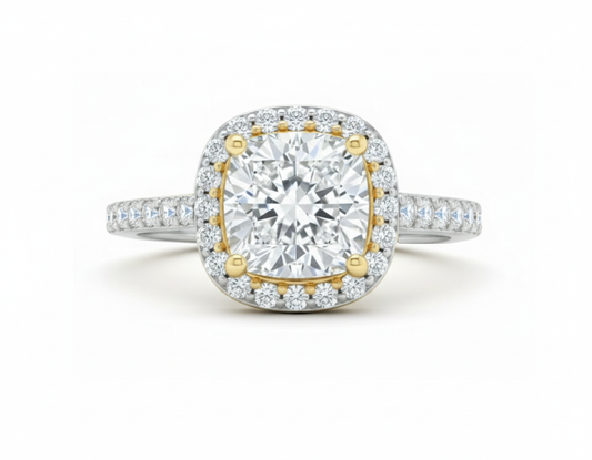 Diamond ring with gold and silver accents on a white background