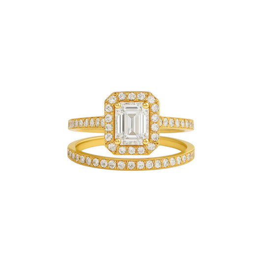 Classic Radiant Cut Moissanite and Natural Diamond Bride Set in 18K Gold