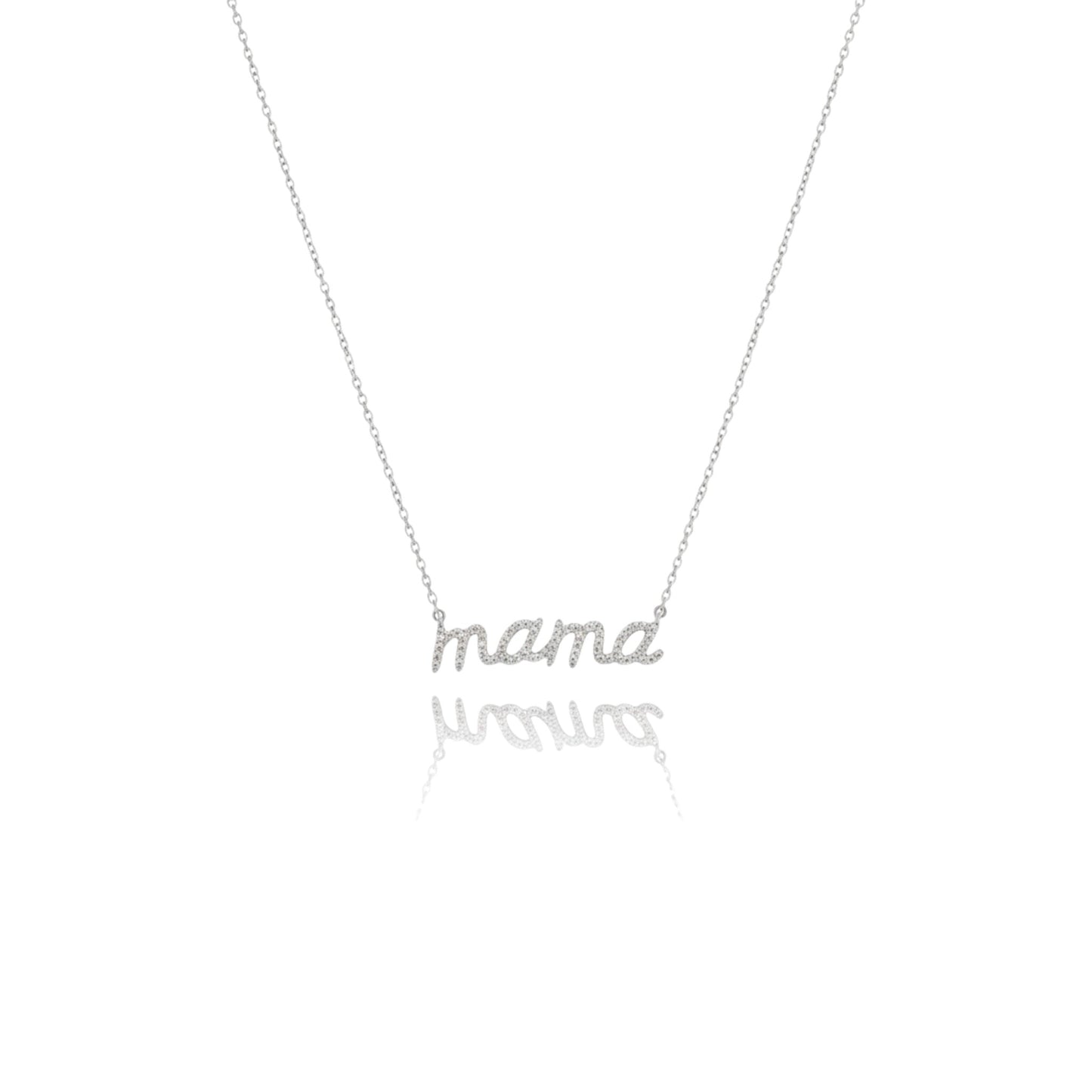 Necklace with 'mama' and 'babe' charms on a white background