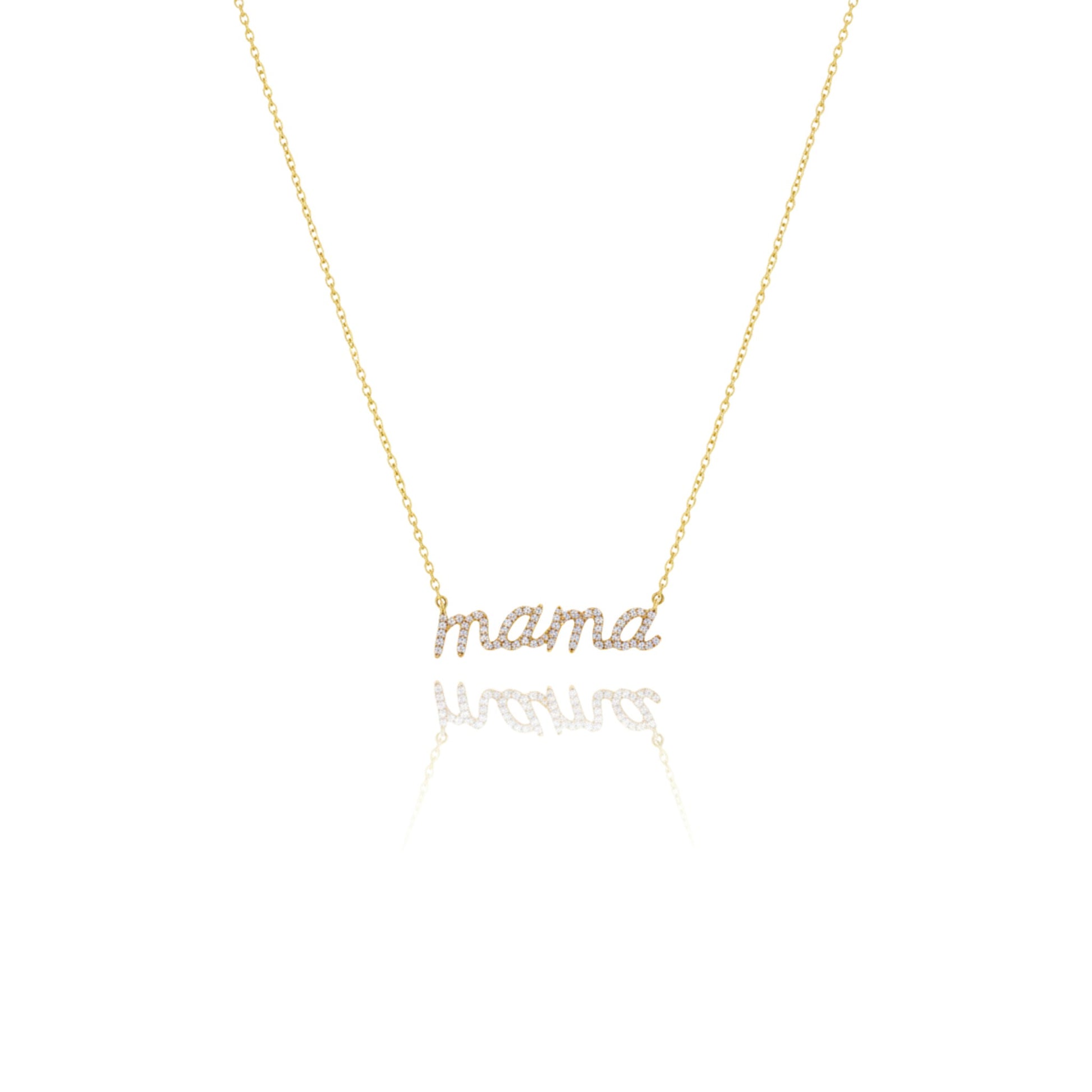Gold 'mama' necklace on a white background