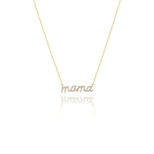 Gold 'mama' necklace on a white background