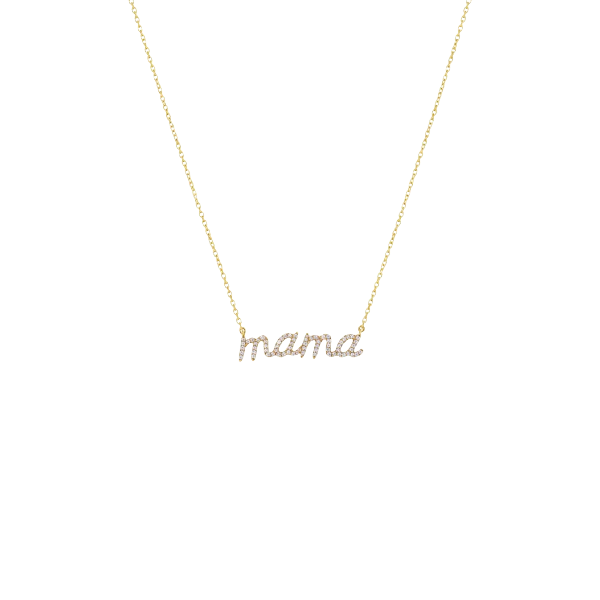 Gold necklace with 'mama' pendant on a white background