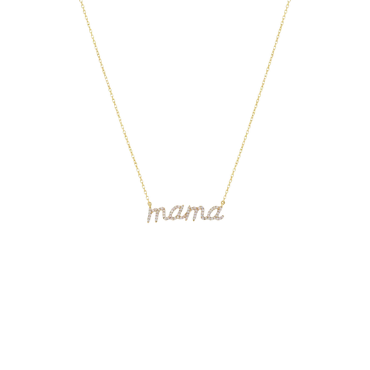 Gold necklace with 'mama' pendant on a white background