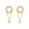 Gold earrings with circular designs and chain drops on a white background