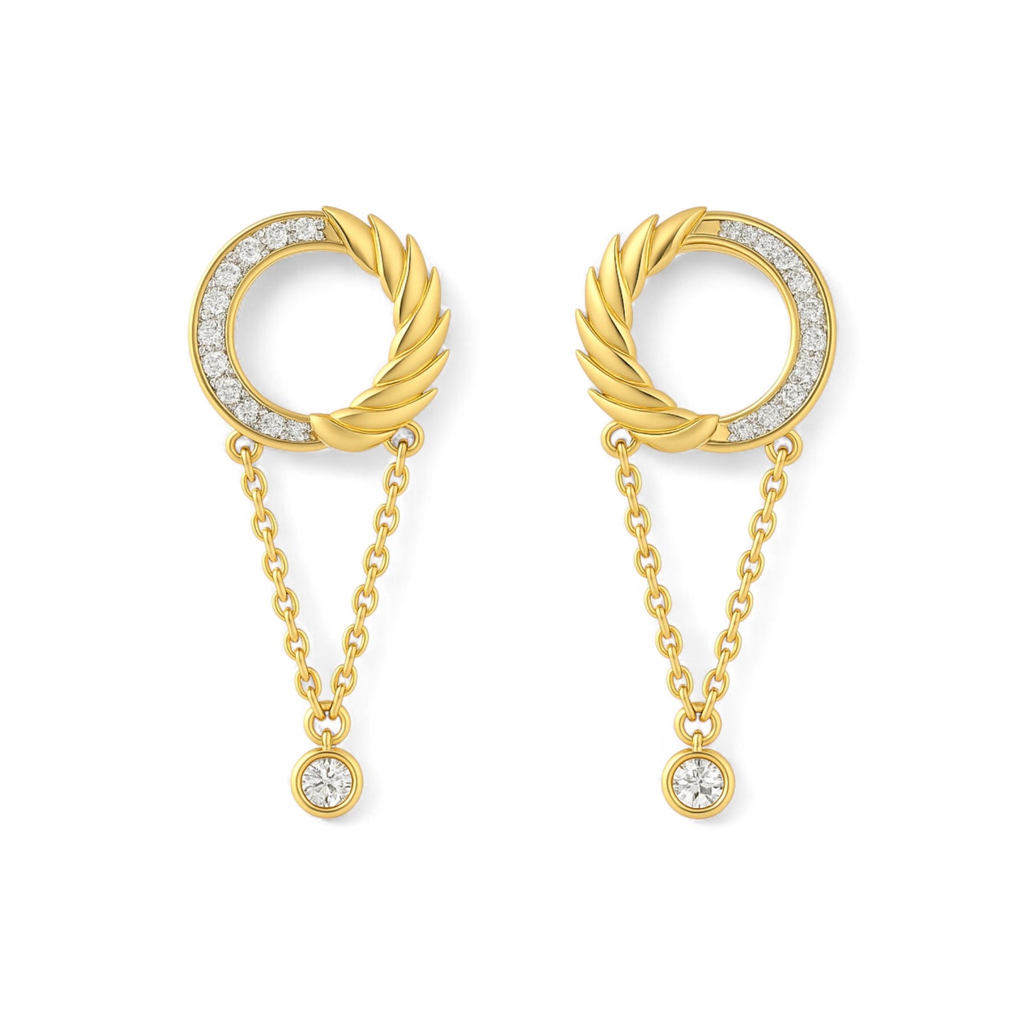 Gold earrings with circular designs and chain drops on a white background