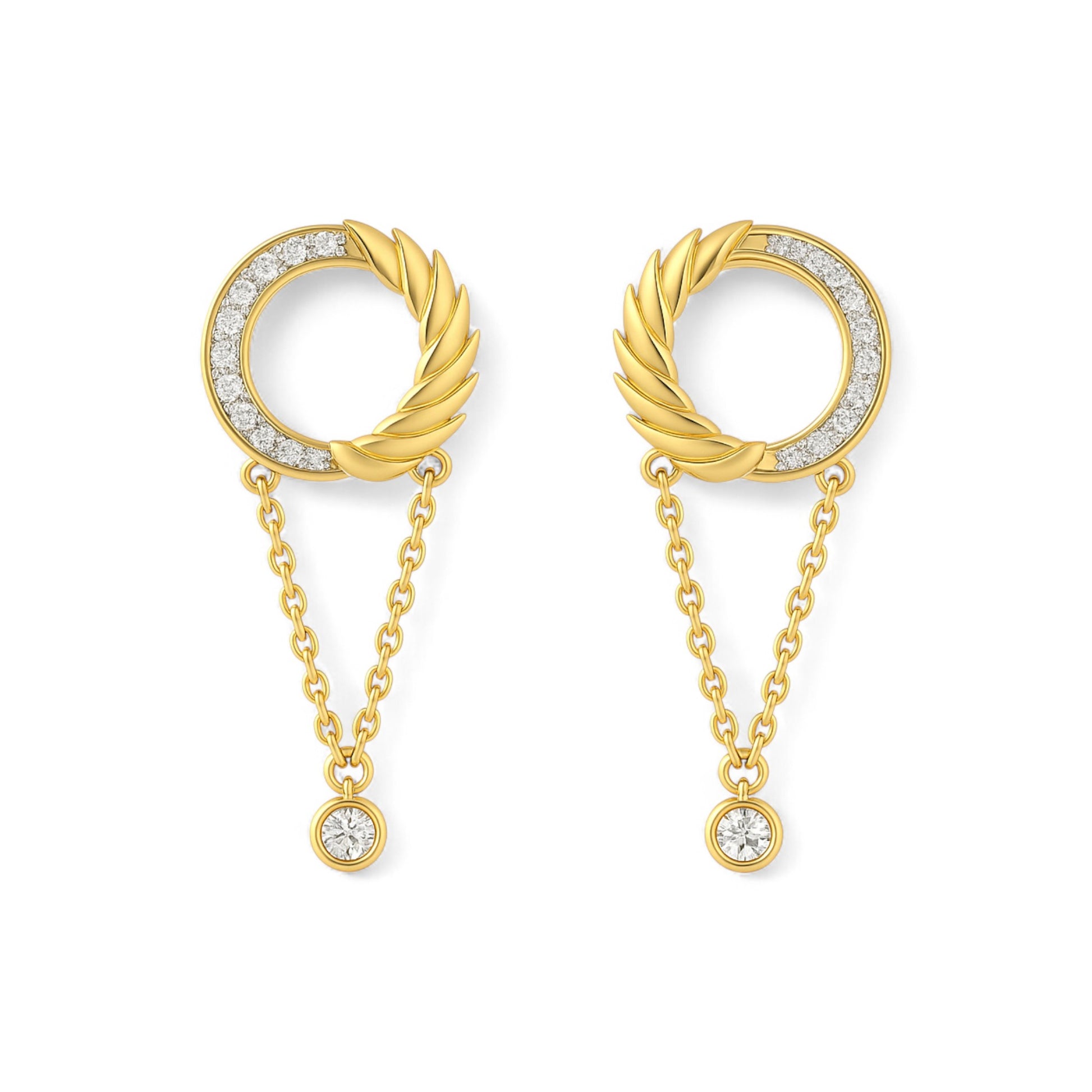 Gold earrings with circular designs and chain drops on a white background