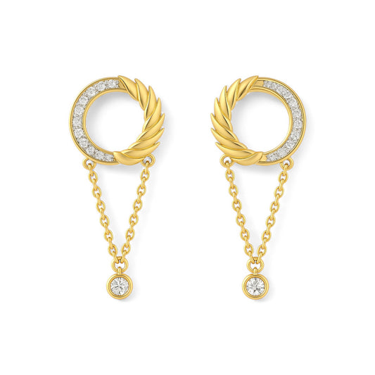 Gold earrings with circular designs and chain drops on a white background