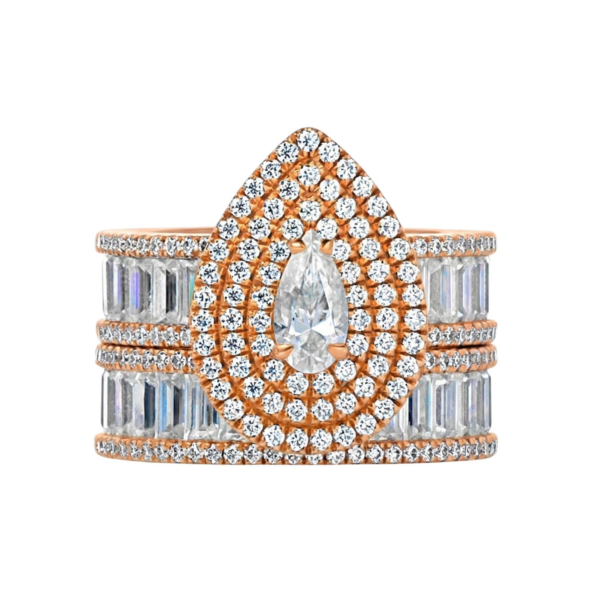 Rose gold and diamond ring with a pear-shaped center stone on a white background