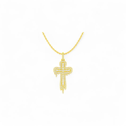 Drip Cross Natural Diamond Pendant Necklace in 18K Gold