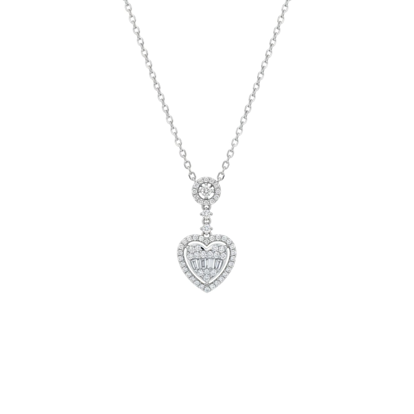 Heart-shaped diamond pendant on a chain against a white background
