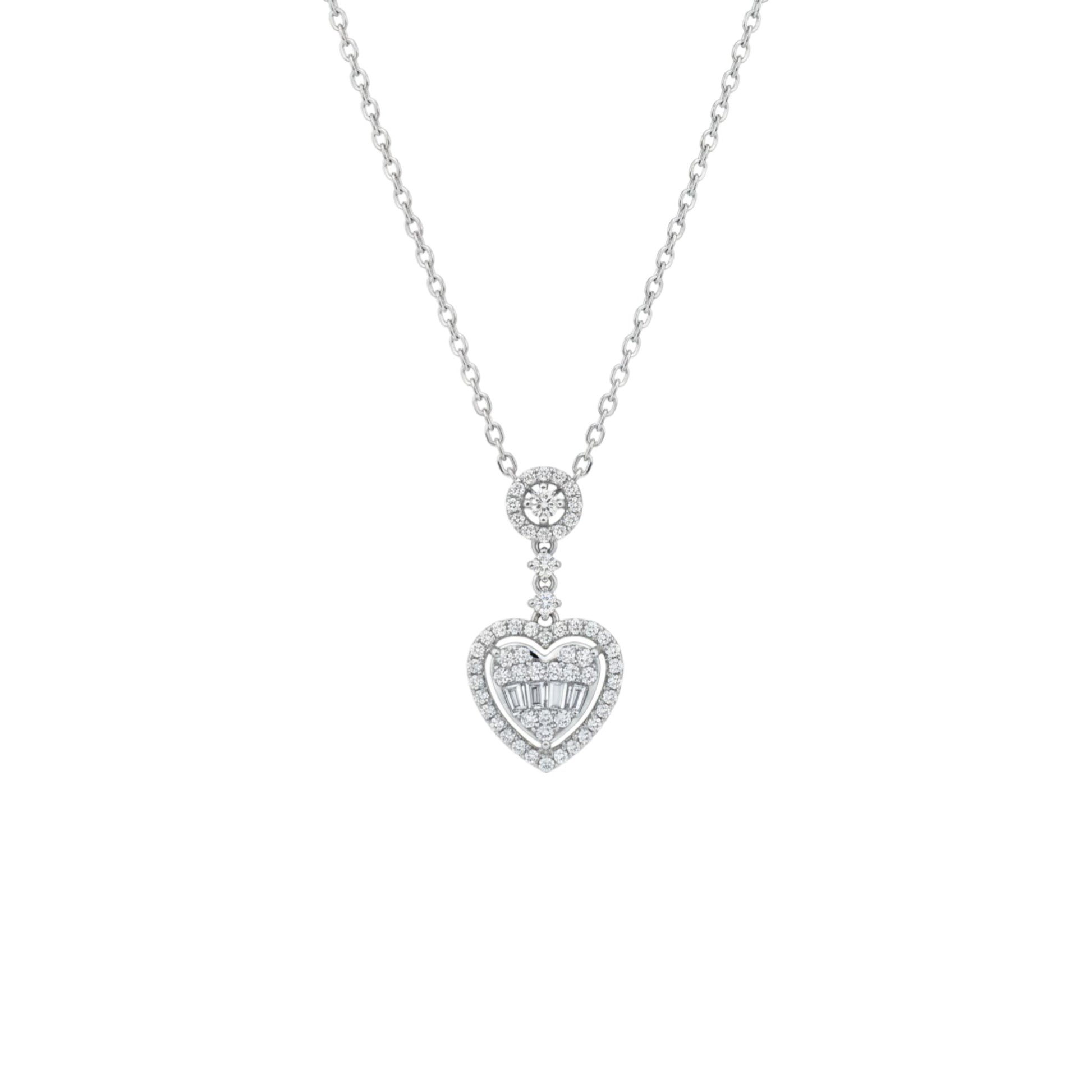 Heart-shaped diamond pendant on a chain against a white background