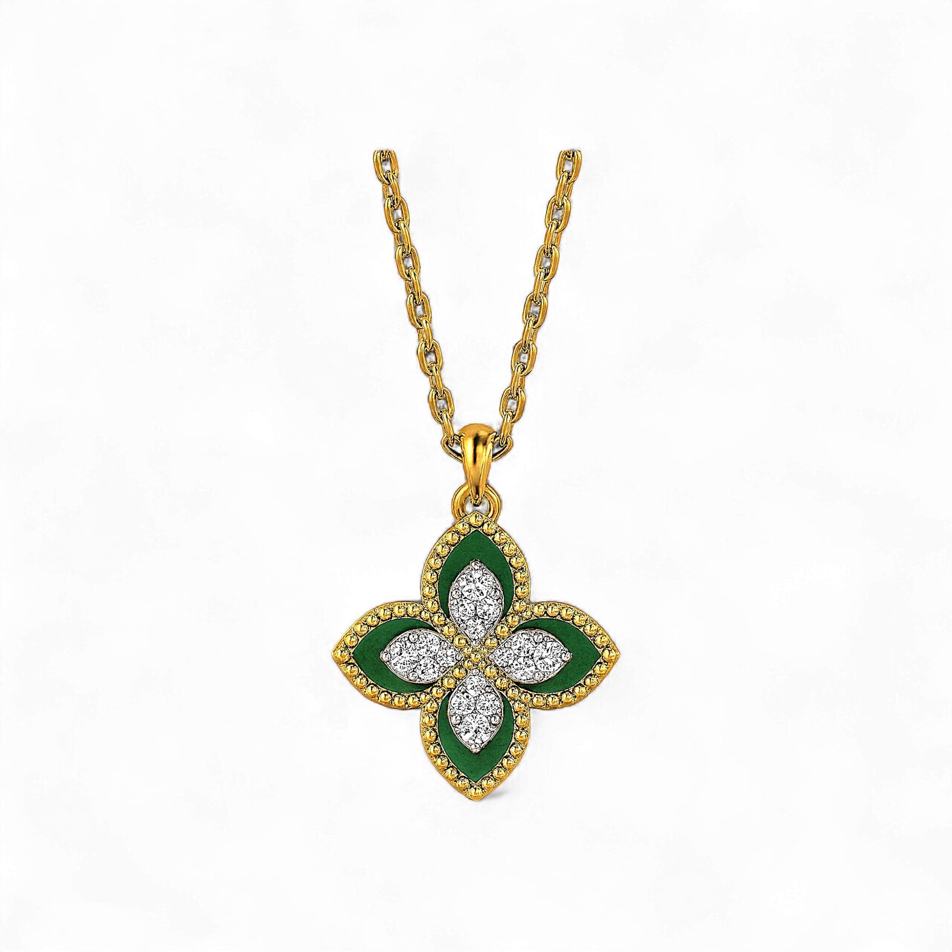 Gold necklace with a green and white floral pendant on a white background