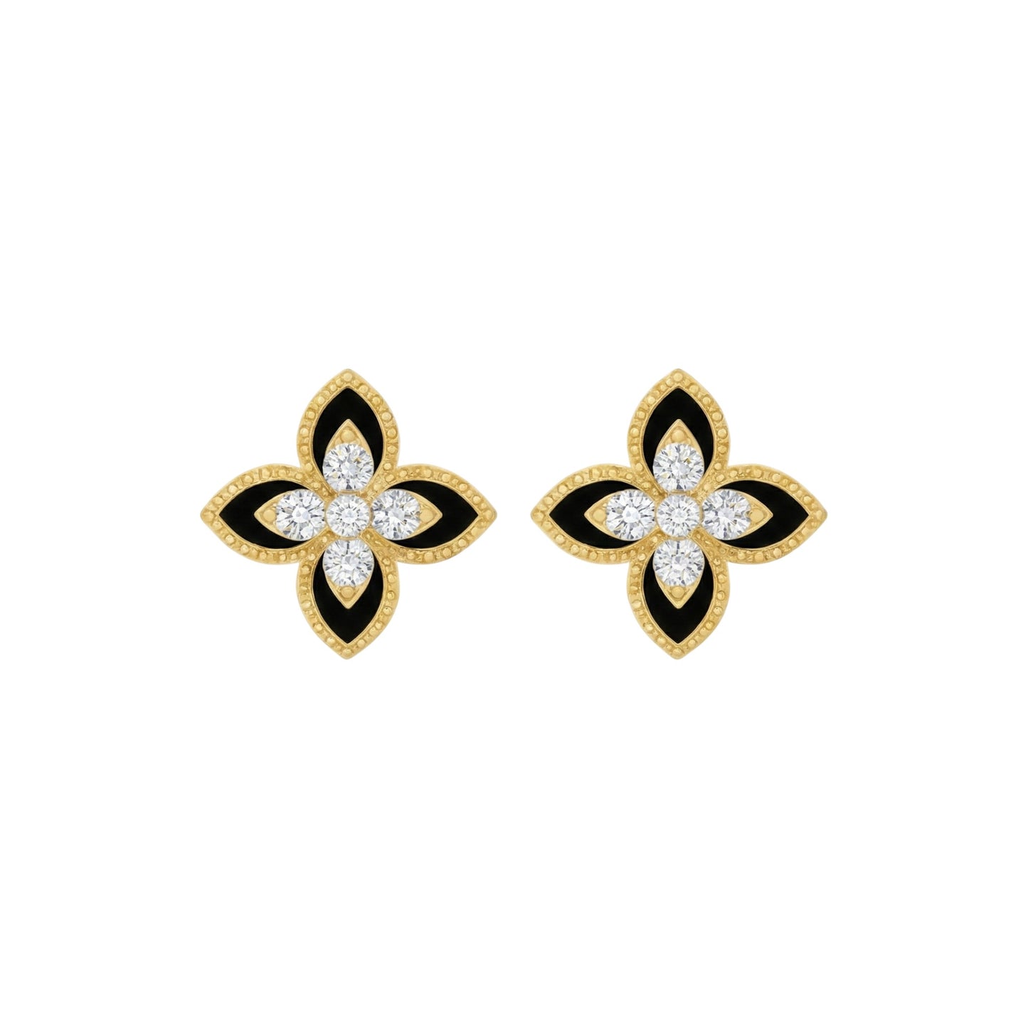 Pair of gold, black, and diamond flower-shaped earrings on a white background