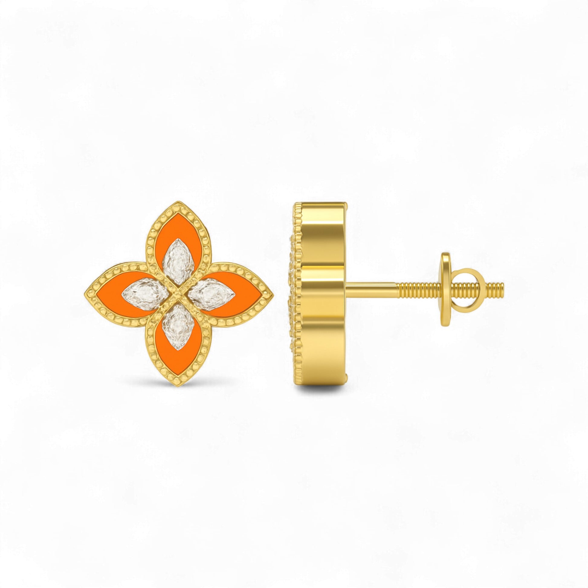 Gold butterfly-shaped earrings with orange and white accents on a white background