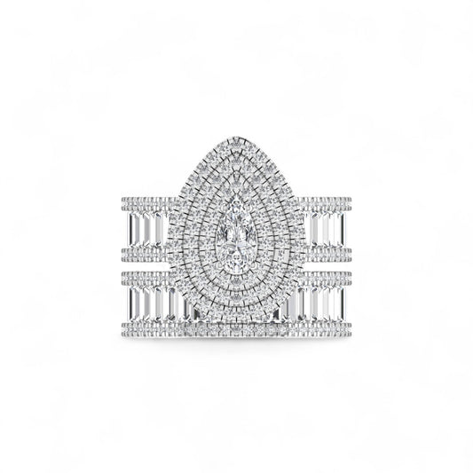 Elegant diamond ring with a central gemstone and baguette-cut stones on a white background