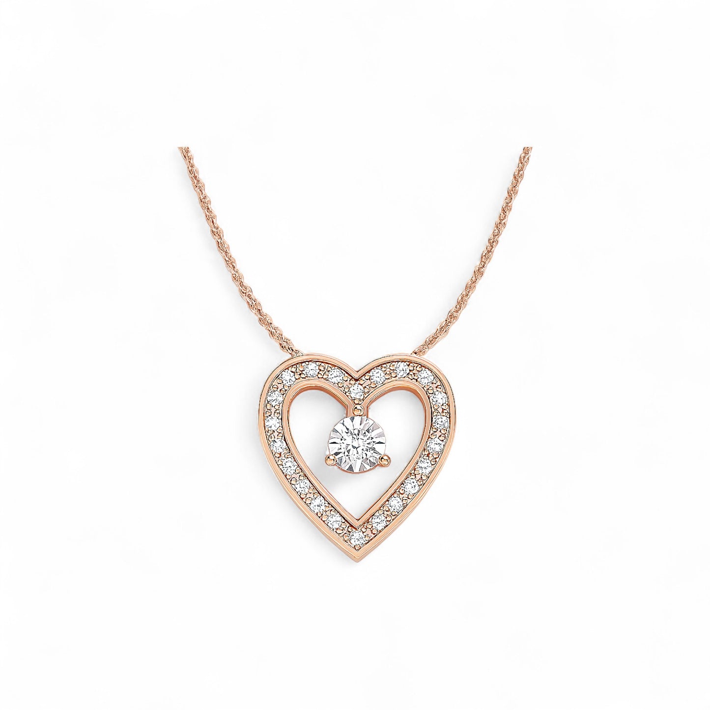 Rose gold heart-shaped necklace with a diamond on a white background