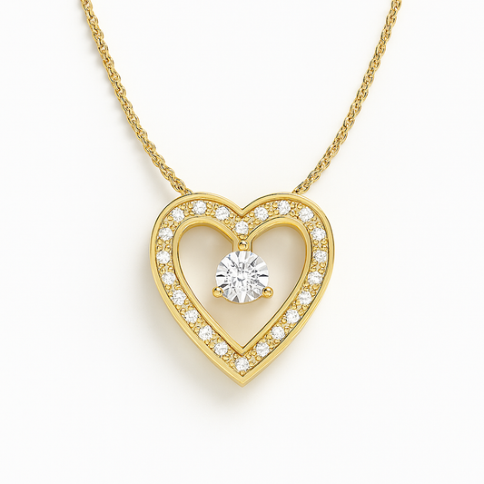 Gold heart-shaped necklace with a central diamond on a white background
