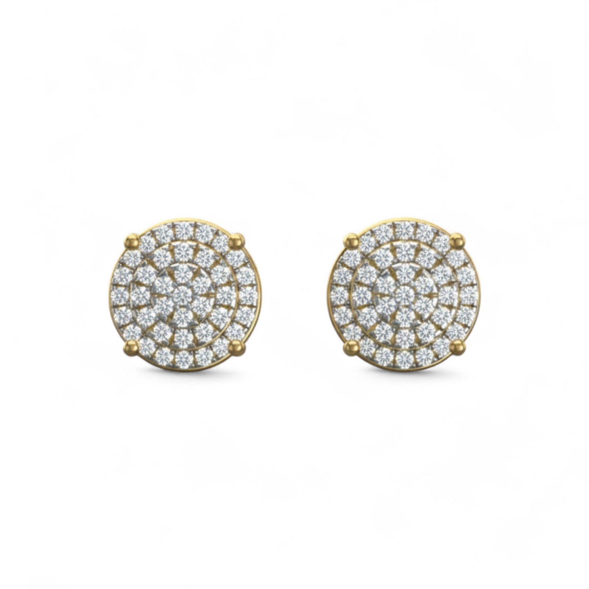 Pair of gold earrings with diamond studs on a white background